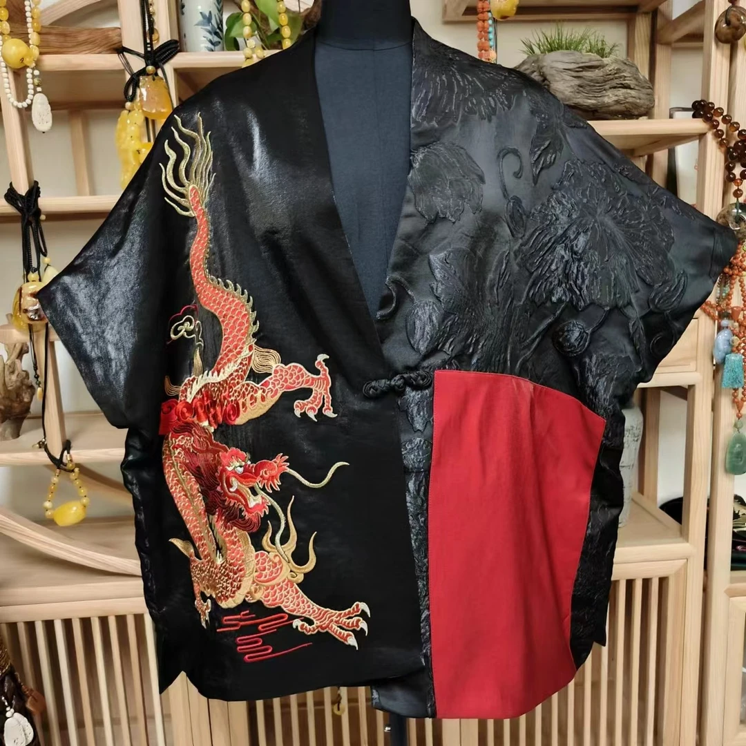 凤来兮私人定制黑红色拼接对襟红龙刺绣盘扣外套（LS112-3）红龙