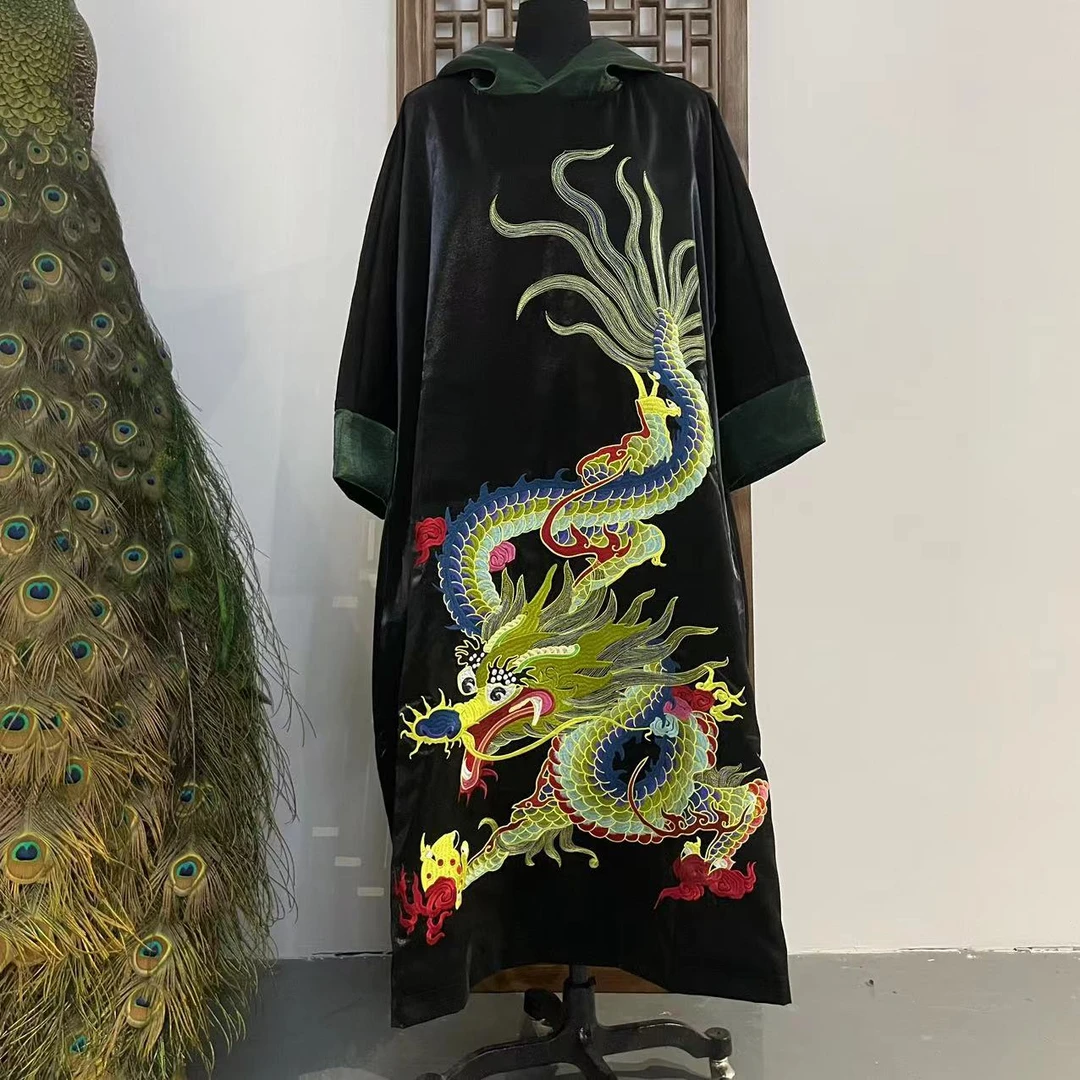 凤徕兮私人定制黑底彩龙刺绣带帽长款卫衣LS233-1