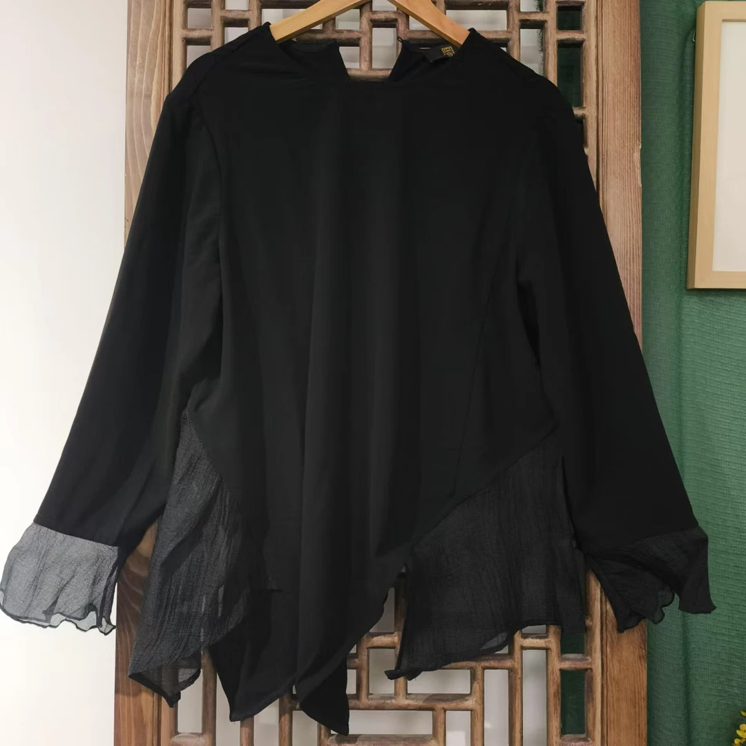 凤徕兮私人定制黑色光板圆领加黑纱三角边打底上衣（LS059-3)