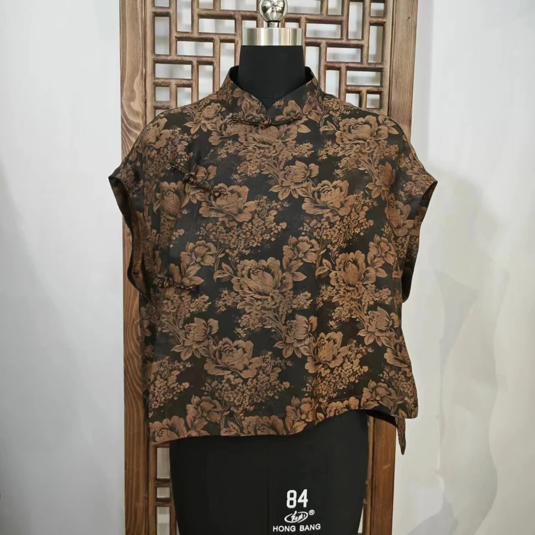 凤徕兮私人定制咖底牡丹暗纹香云纱斜襟无袖马甲 LS278-1