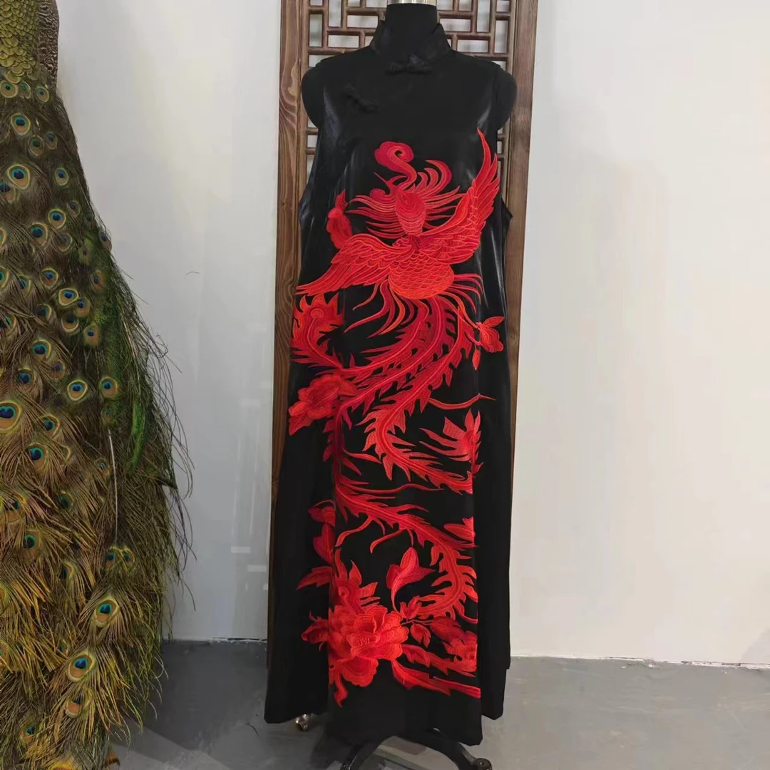 凤徕兮私人定制黑底红凤刺绣重工盘扣小立领加长马甲 LS223