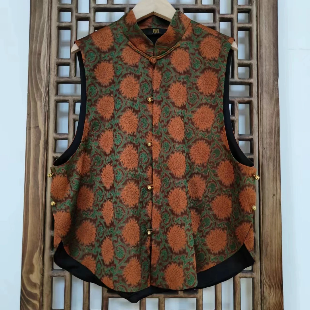 凤徕兮私人定制咖底橘花对襟马甲上衣香云纱LS266