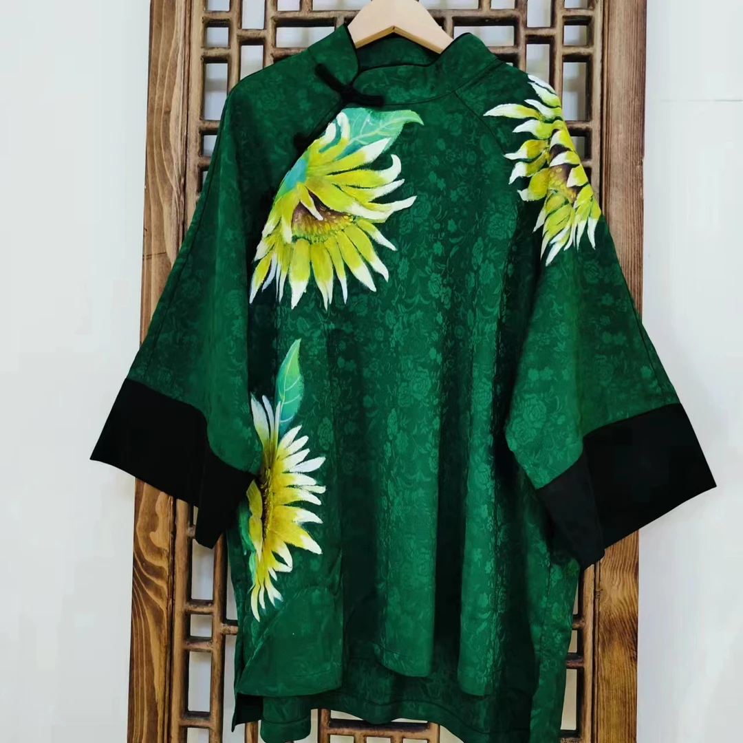 凤徕兮私人定制绿底手绘太阳花黑色翻边袖盘扣立领上衣 NS140