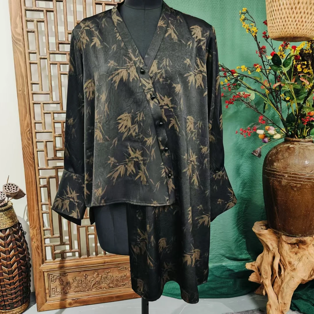 凤徕兮私人定制黑色咖色竹子暗纹V领斜纽扣不规则上衣（LS160-5）