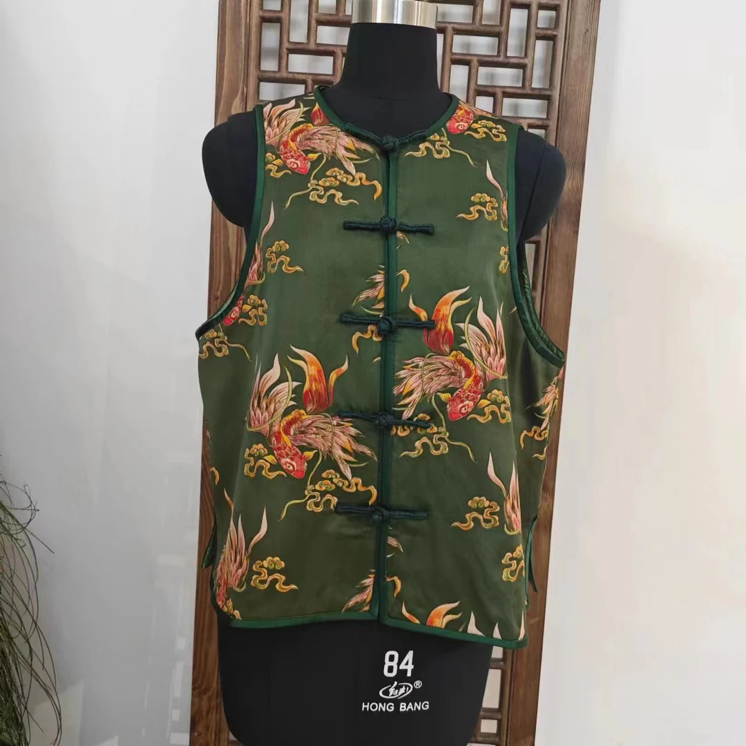 凤徕兮私人定制绿底红鱼图案香云纱圆领盘扣马甲hm101039