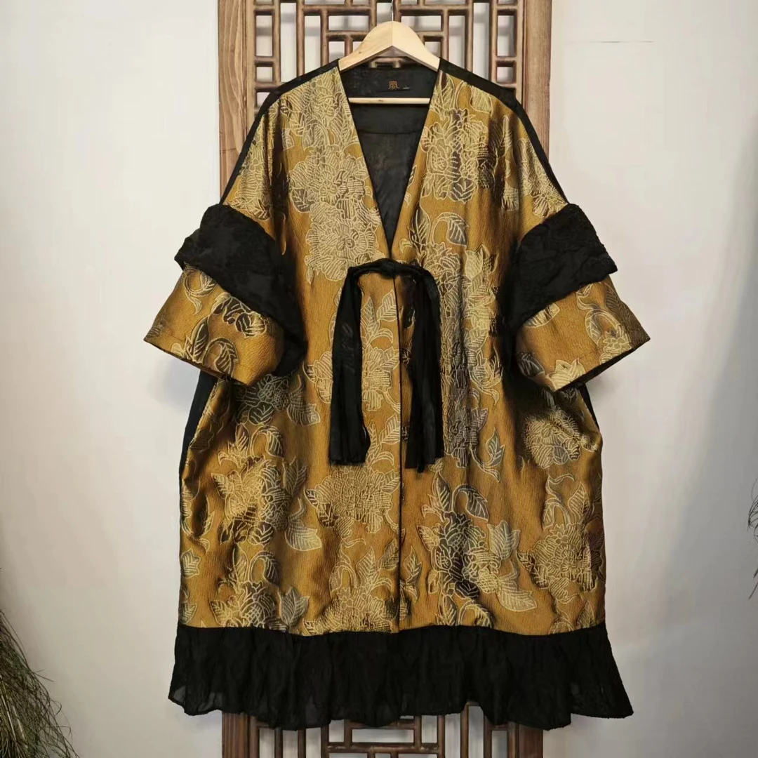 凤徕兮私人定制金色提花加花边对襟长风衣 SF4813