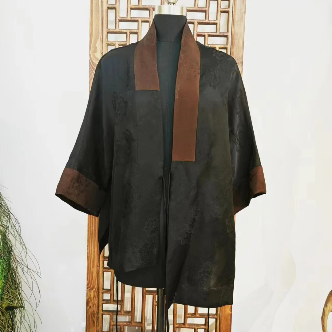 凤徕兮私人定制黑底暗纹牡丹咖色包边斜襟系带上衣香云纱 LS247-2