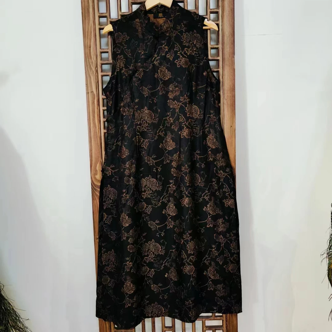 凤徕兮私人定制咖底暗纹花小立领盘扣马甲上衣香云纱HM101051