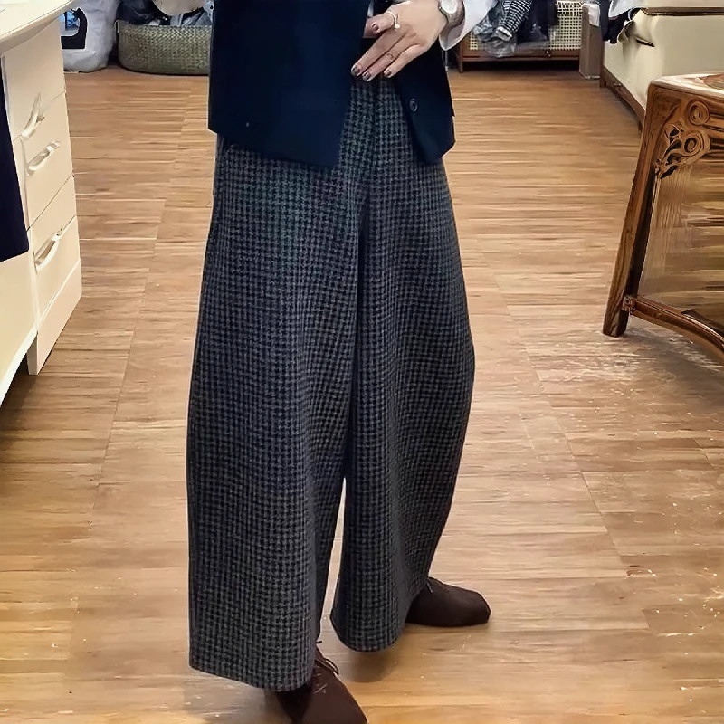欧洲站复古毛呢格子九分休闲裤女2024冬季新款百搭阔腿裤镰刀裤子