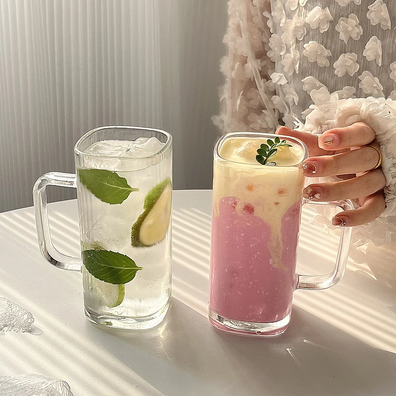 简约风ins玻璃带把直身方杯小众设计牛奶杯饮料杯奶昔杯咖啡杯