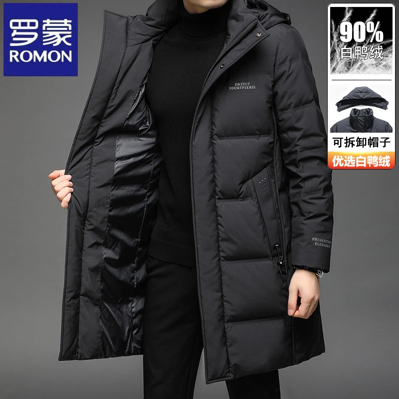 【可拆卸帽】罗蒙中长款时尚过膝90白鸭绒外套秋冬季加厚保暖羽绒服