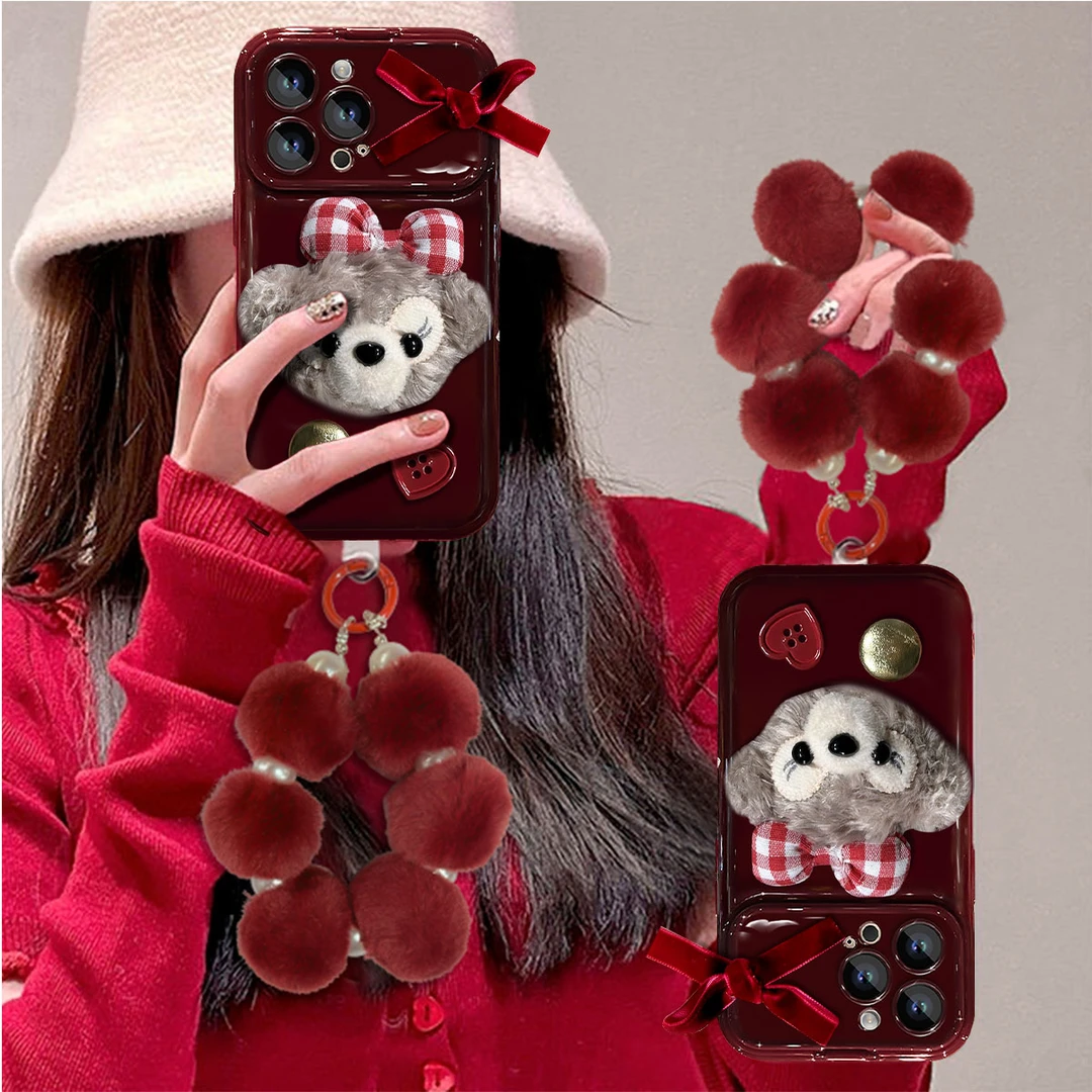 蝴蝶结小熊公仔立体可爱大视窗全包适用于苹果华为手机壳个性防摔