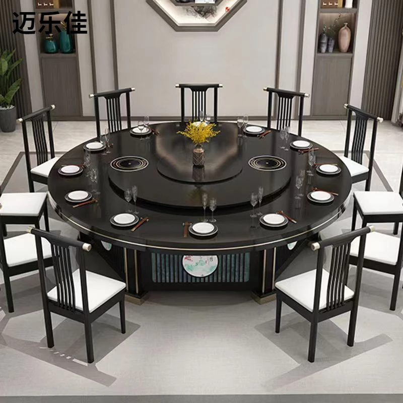 中国风豪华电动餐桌饭店旋转大圆桌包厢圆餐桌16人饭店高档圆餐桌