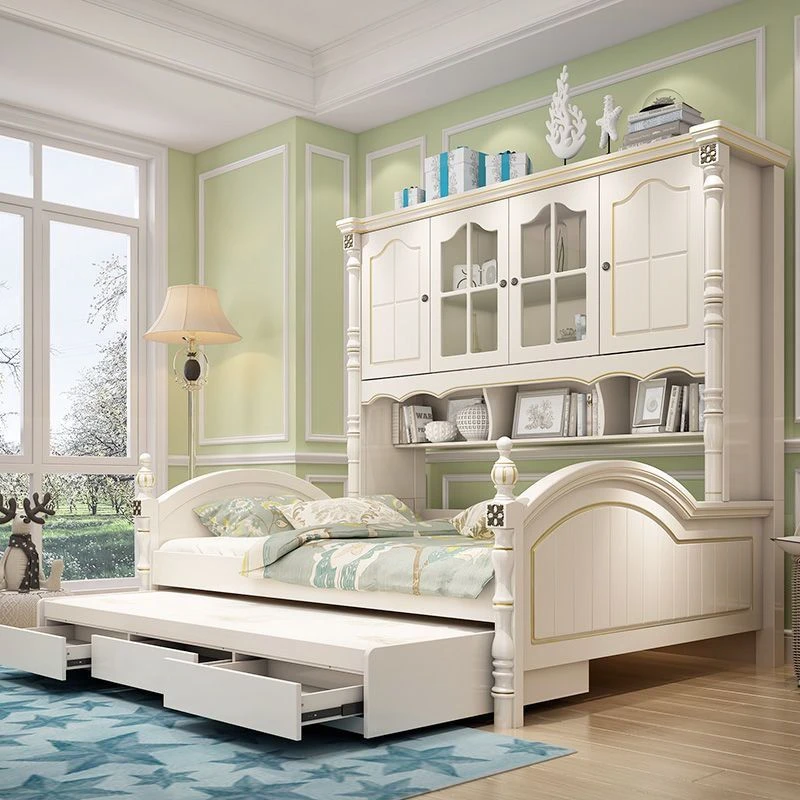 美式儿童床卧室1.2米女童床主卧带储物衣柜组合一体多功能衣柜床