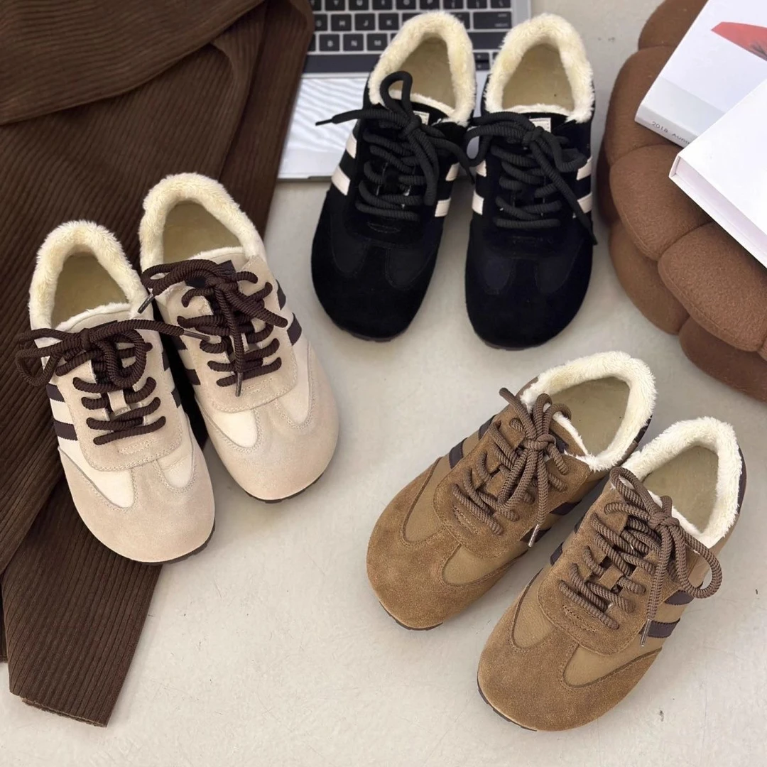 2024新款时尚百搭软底加绒保暖韩版秋冬冬季平底徳训加棉女鞋