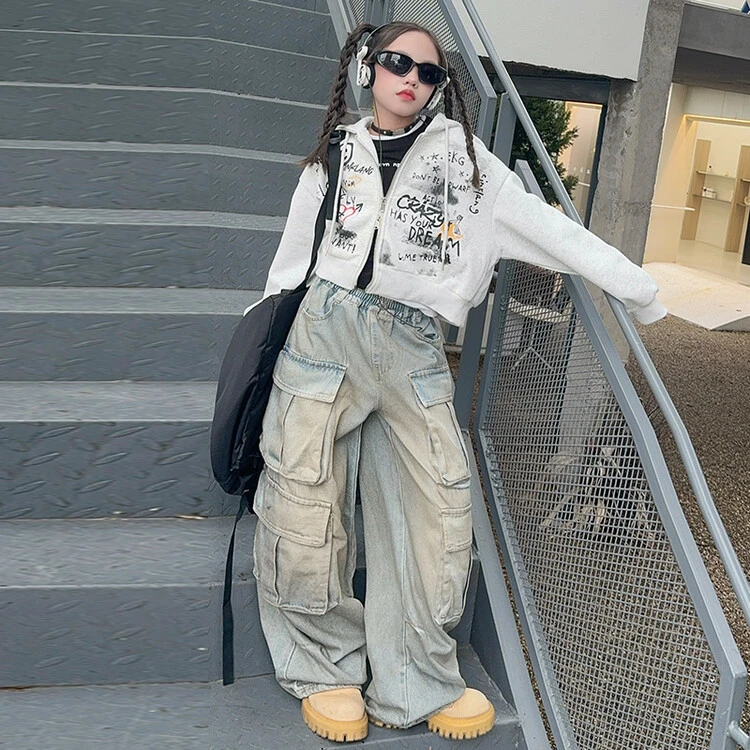 春秋季女童工装裤儿童修身韩版软牛仔裤子女孩中大童宽松长裤潮