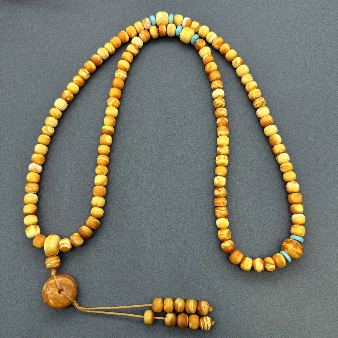 【润家原创】天然琥珀8-9mm+ 橘皮老型石膏蜡108项链#1618