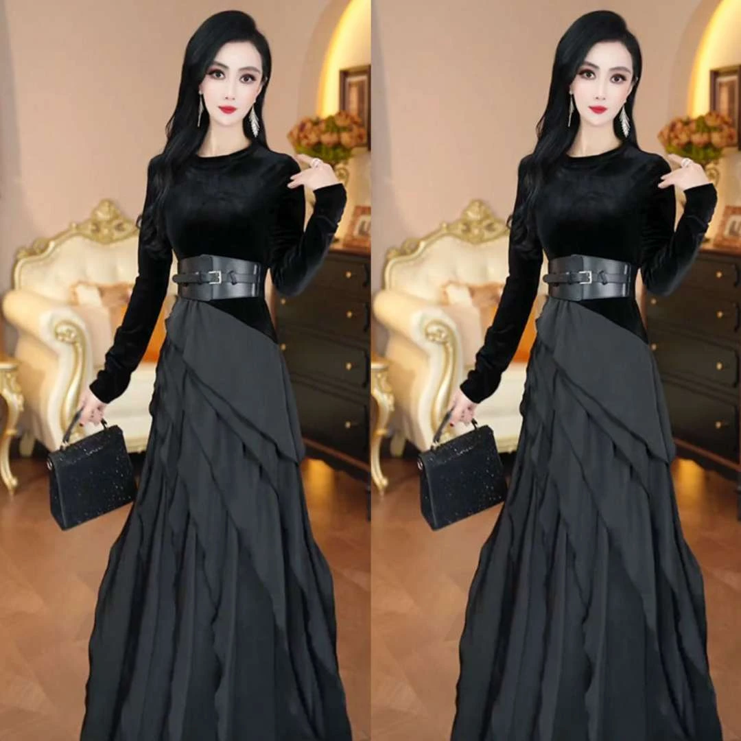 欧洲站2024秋季新款气质显瘦拼接圆领连衣裙女法式休闲黑色长裙潮