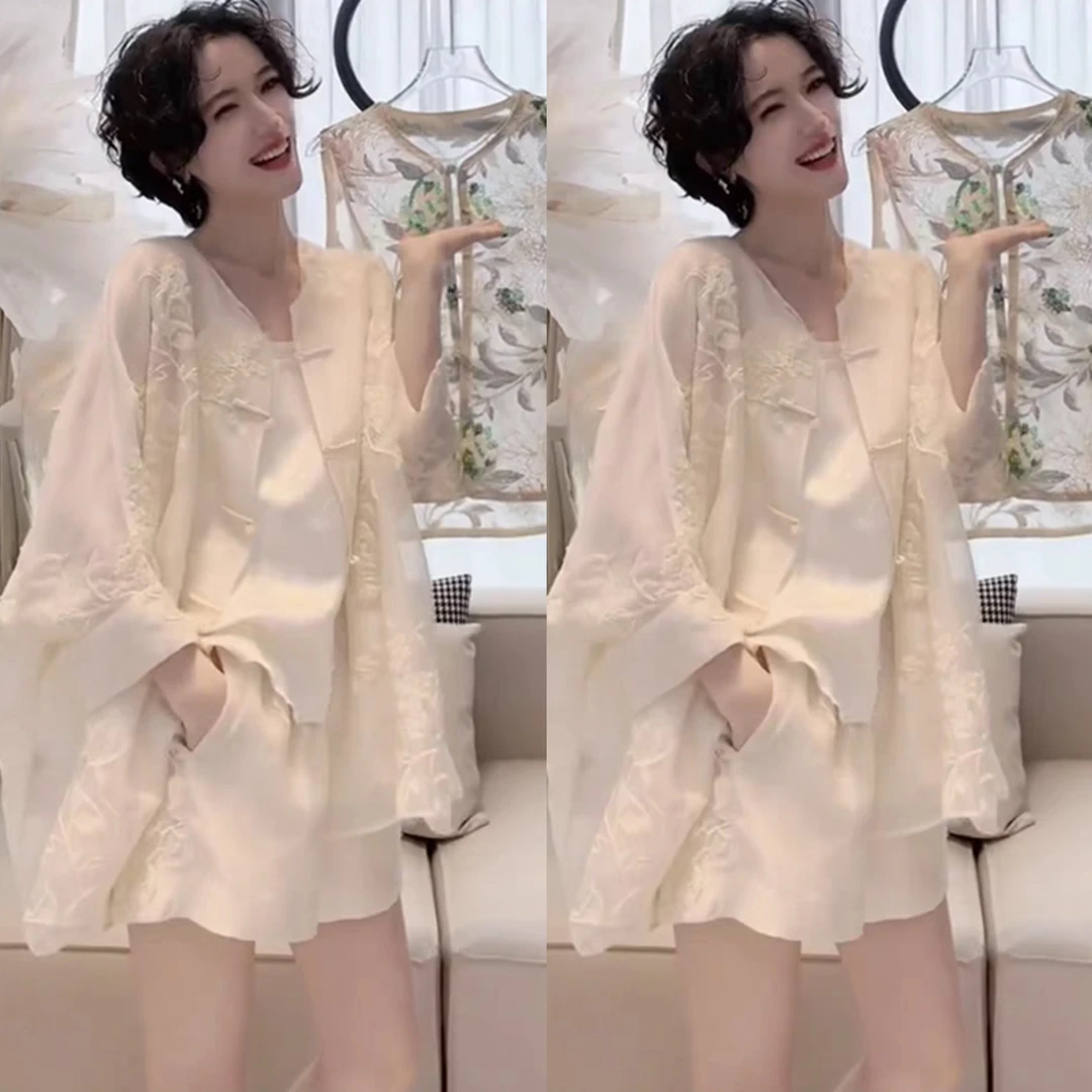 欧洲站2024夏季新款高级感盘扣圆领衬衫上衣女百搭高腰纯色短裤潮