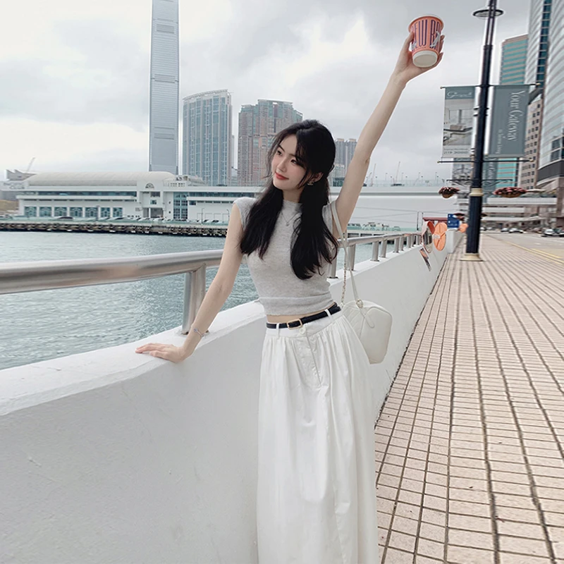 网红女夏天小香风无袖针织上衣+白色半身裙休闲气质女神范减龄