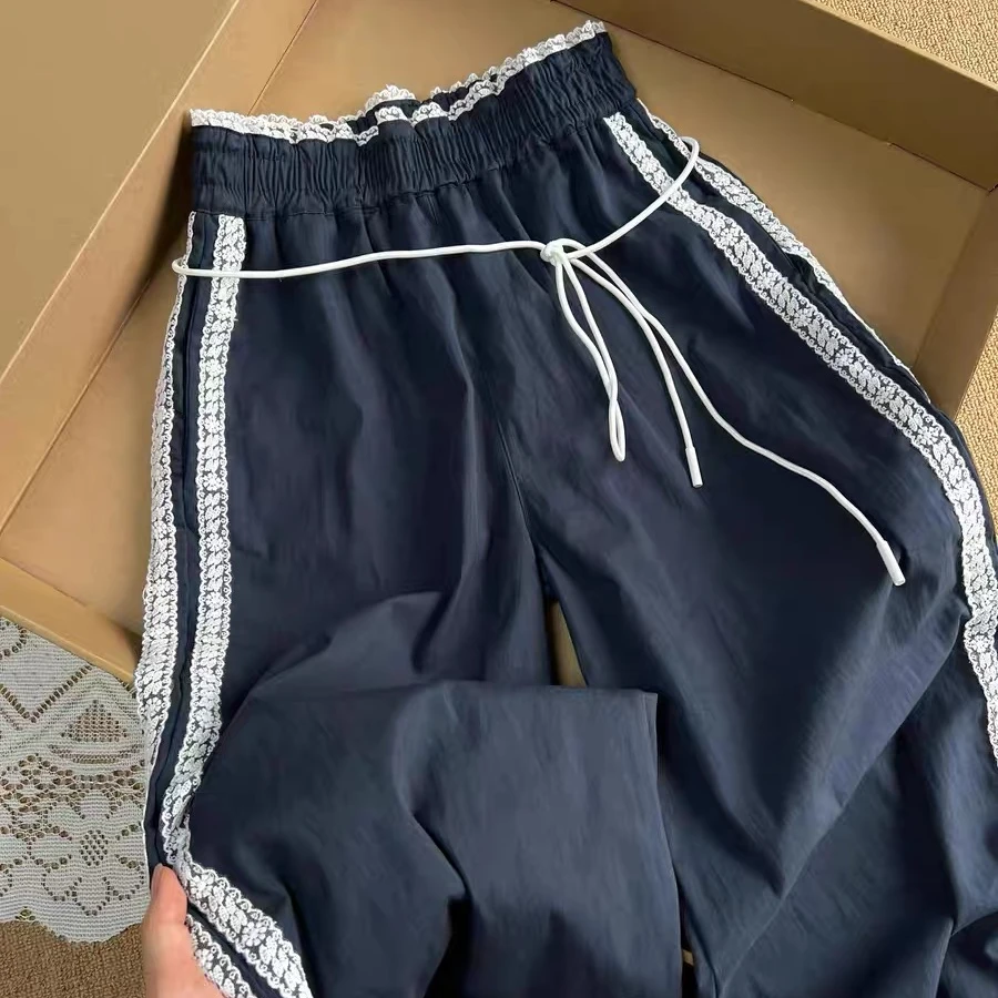 韩系蕾丝拼接条纹裤子女2024新款夏季薄款高腰直筒休闲运动阔腿裤