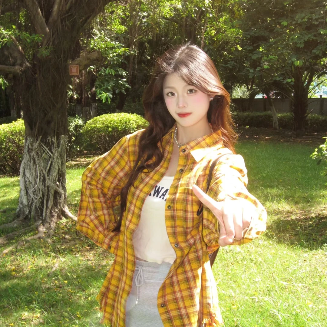 黄色多巴胺格纹衬衫外套女早秋新款设计感宽松百搭衬衣气质上衣