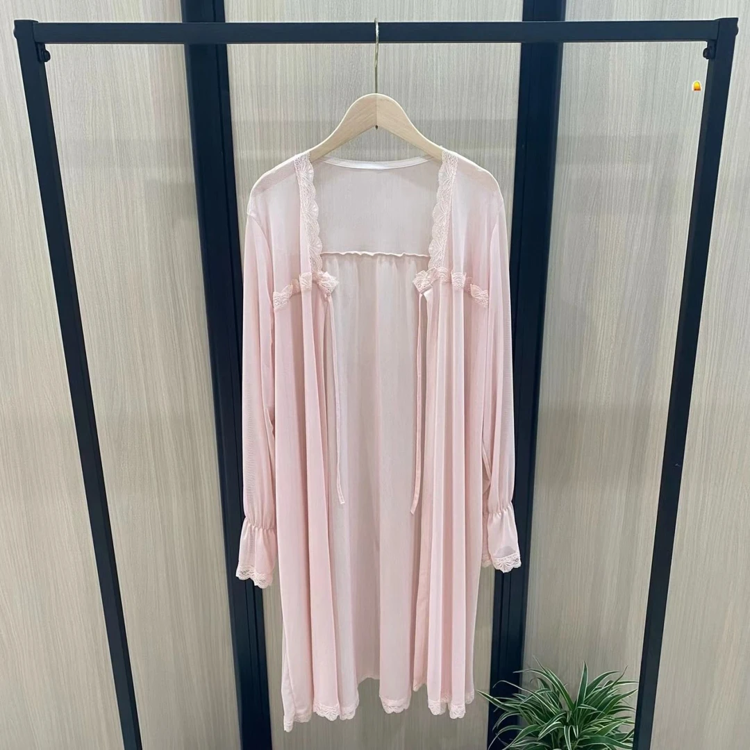 春夏款气质有型长袖网纱外披睡袍爽肤透气蕾丝花边胸前带绑带长款
