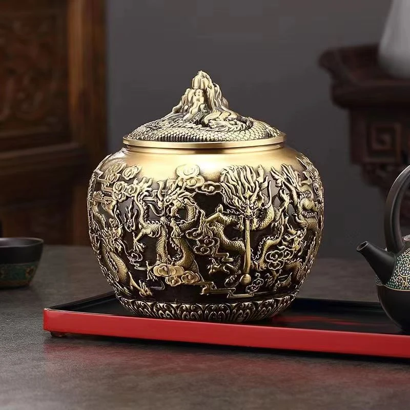 黄铜茶叶罐九龙茶叶罐家居装饰礼品家用储物罐零钱密封储物罐中式