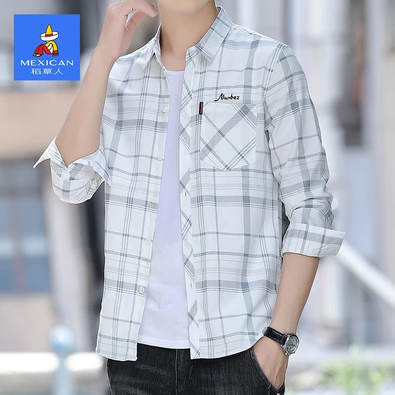 稻草人秋季新款男士百搭格子休闲长袖衬衫韩版时尚潮流修身衬衣男