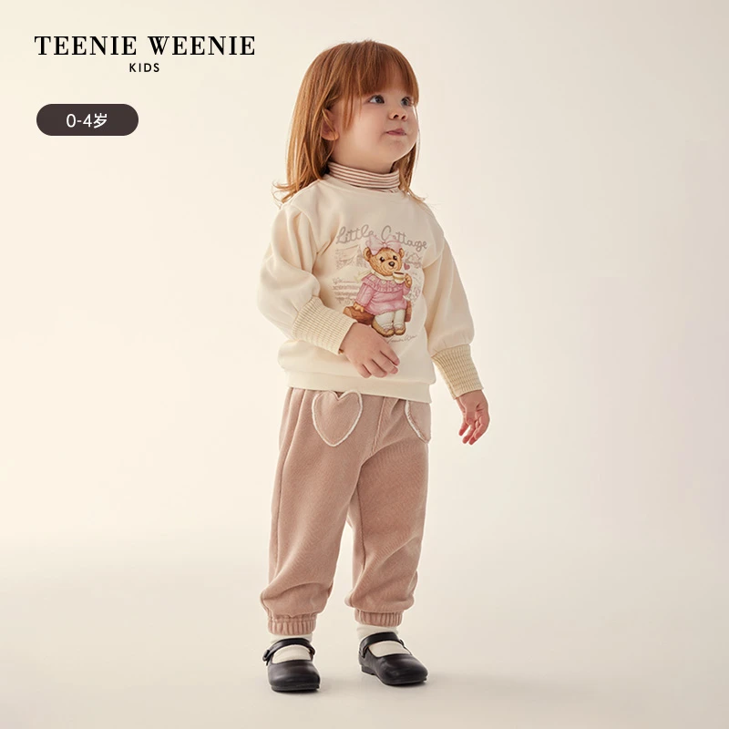 TeenieWeenie Kids小熊童装23秋冬新款女宝宝撞色银狐绒套头卫衣