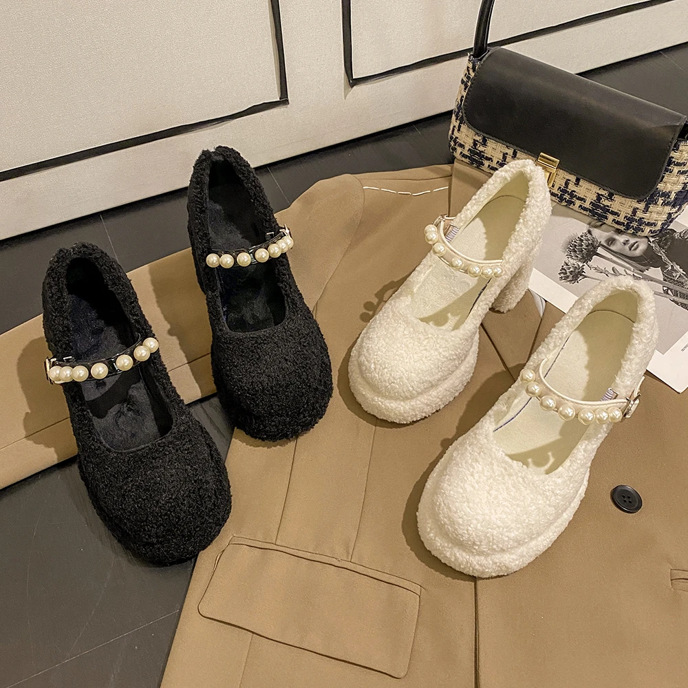 【贾不假】韩系单鞋2023冬新款复古珍珠小个子高跟玛丽珍鞋