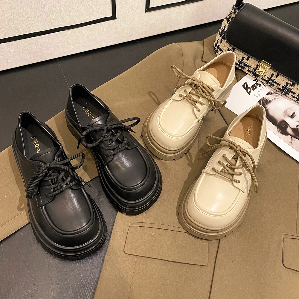 贾不假-2023春季新款厚底英伦风百搭复古纯色圆头乐福鞋