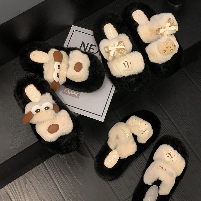 贾不假小狗拖鞋女款外穿2024秋季新款可爱时尚百搭平底一字毛毛鞋