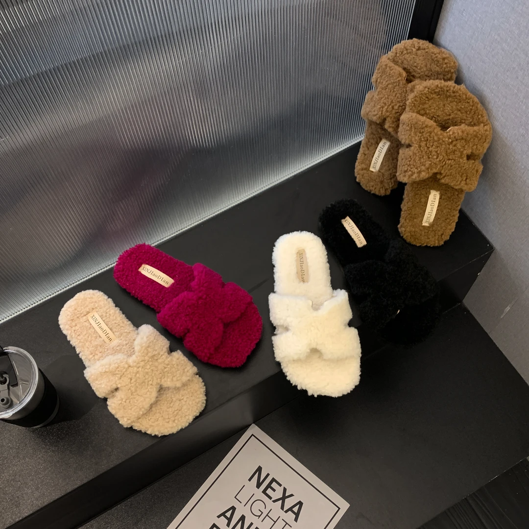 贾不假毛毛拖厚底秋冬外穿女百搭时尚ins休闲软底交叉平底毛毛鞋