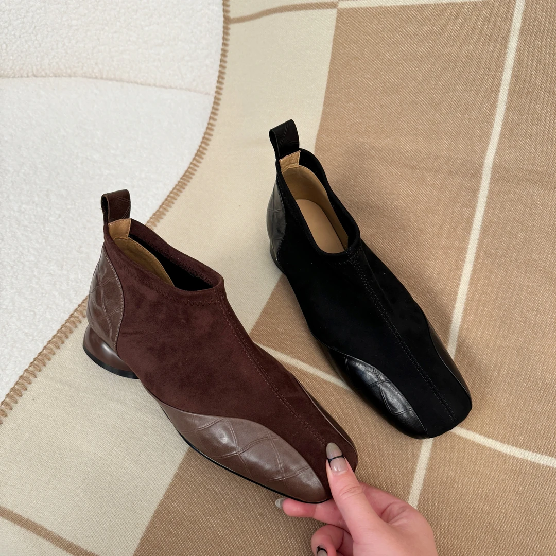 法式手工真皮拼接绒面粗跟低跟裸靴单鞋休闲时尚百搭女鞋