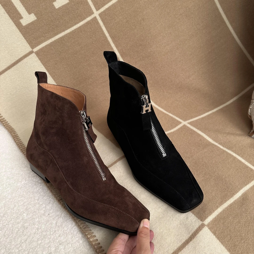 秋冬保暖搭子短靴前带拉链粗跟方头英伦风气质时尚低跟女鞋