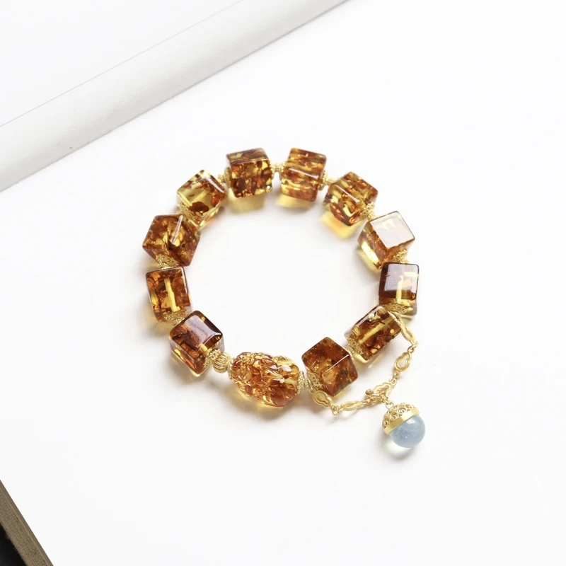 天然琥珀花珀方糖单圈设计款百搭女士简约精美手串手链手饰10mm