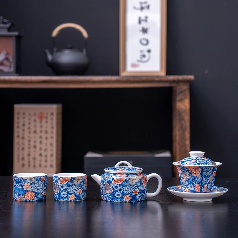 珐琅彩百花齐放功夫茶具套装高级轻奢泡茶工具新款陶瓷盖碗泡茶器