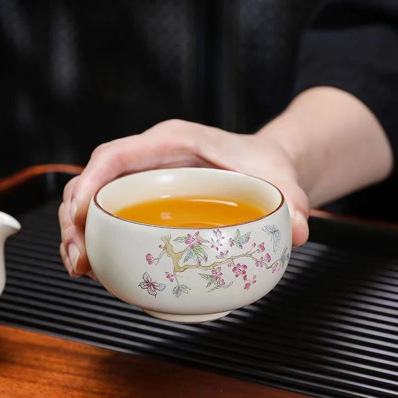 米黄汝窑手工陶瓷主人杯@@F235