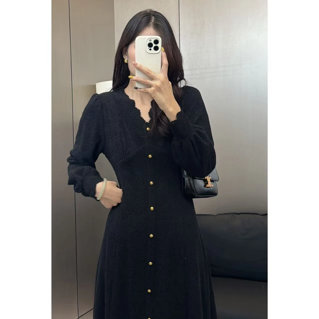 【繁金交响】春季内搭长裙显瘦气质长袖收腰连衣裙黑色LG24111601