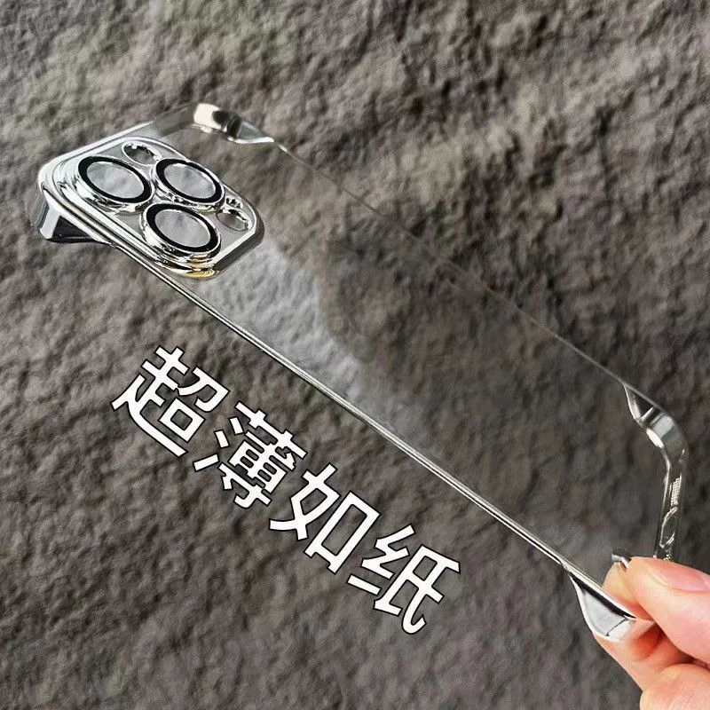 适用电镀无边框苹果14带镜头膜iPhone13promax手机壳半包11超薄12
