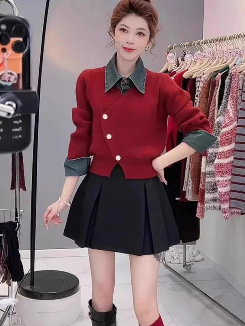 欧货时尚套装裙女假两件牛仔拼接针织衫毛衣百褶裙半身裙两件套潮