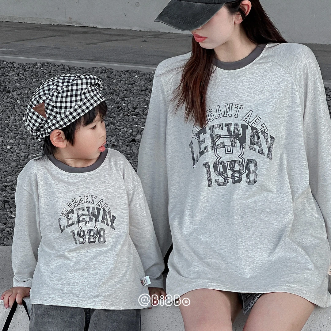 bi8bo秋季新款纯棉亲子款成人休闲宽松插肩袖圆领T恤30915