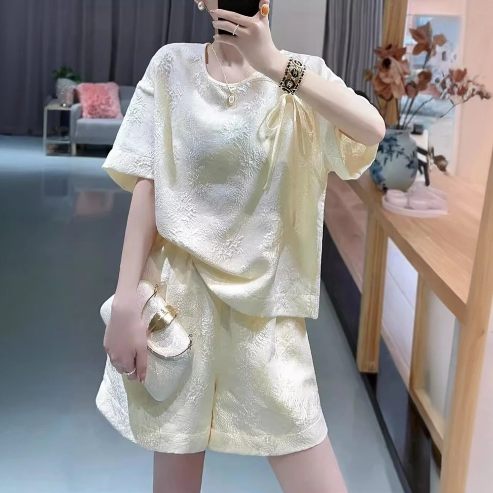 胖MM特大码300斤新中式国风提花套装女夏宽松上衣短袖短裤两件套2
