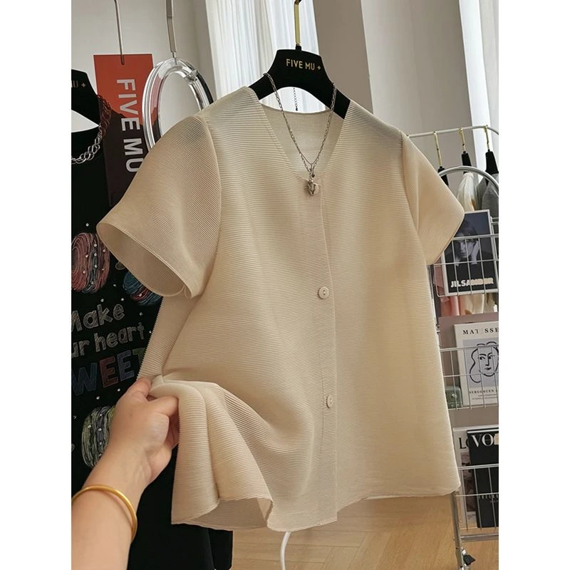 胖MM特大码300斤高端褶皱短袖小衫女夏季宽松气质雪纺衫洋气上衣2