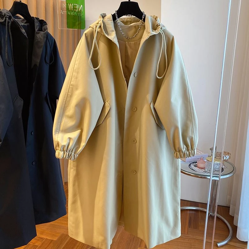 胖MM特大码300斤英伦风气质百搭宽松风衣秋款过膝长款连帽外套女