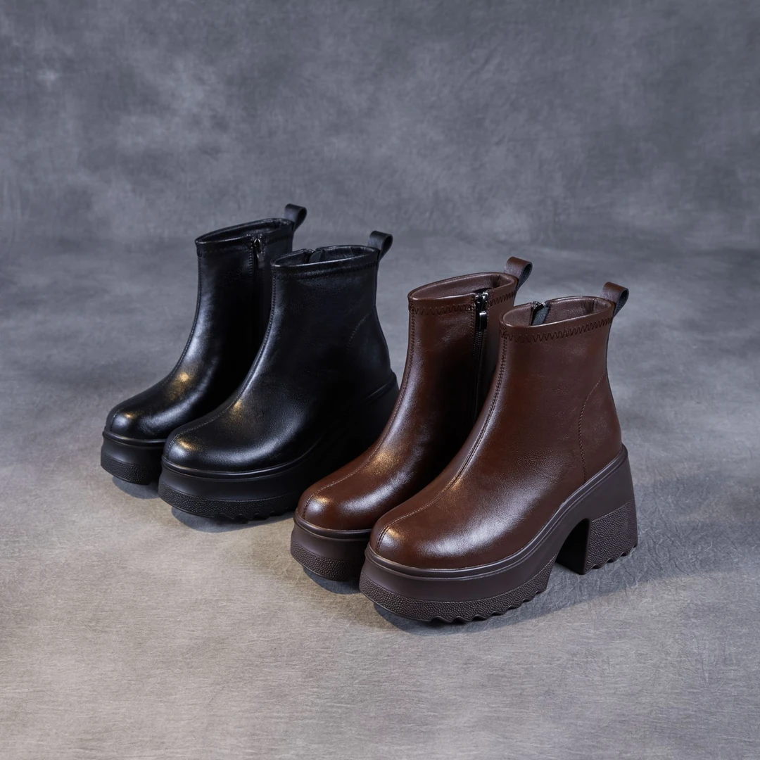 粗跟厚底高跟英伦风女靴秋冬时尚加绒厚绒圆头百搭真皮短靴子