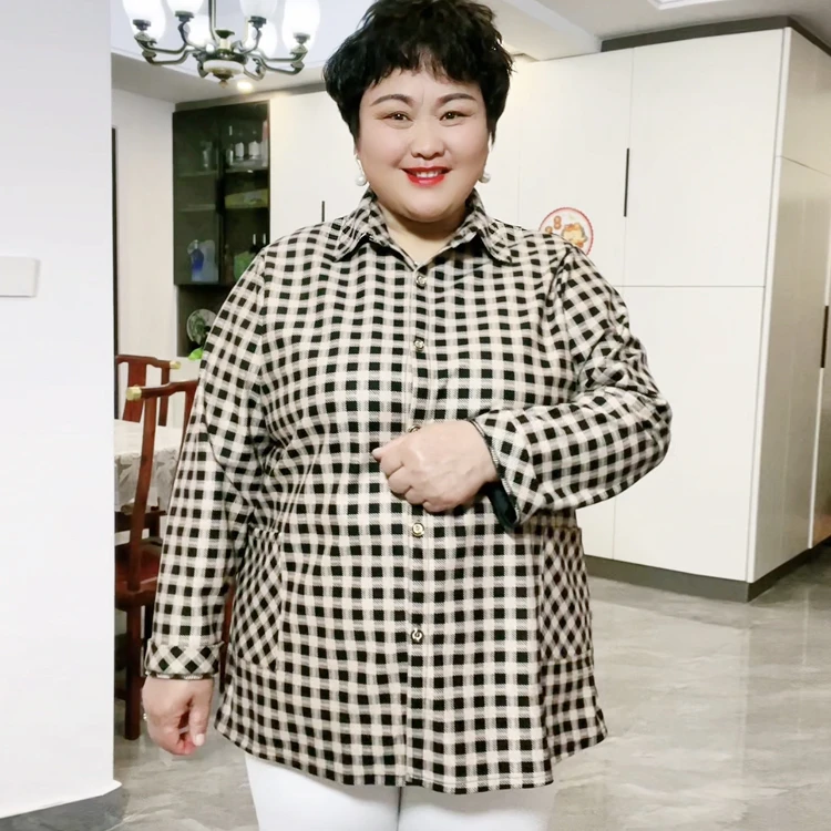 90斤-235斤特大码妈妈装春秋新款长袖格子衬衫中老年女装翻领上衣