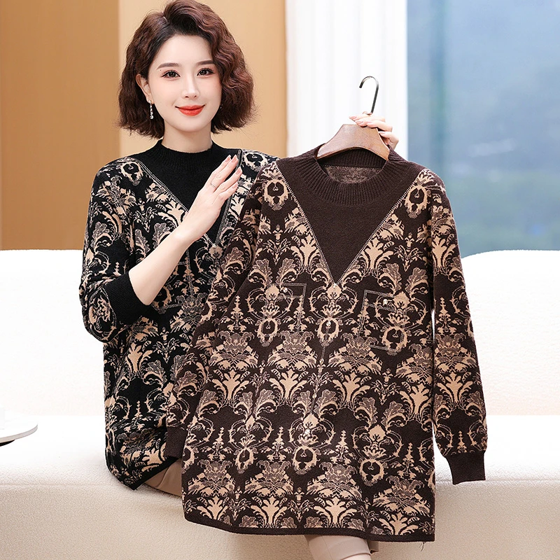 特大码妈妈装冬季加厚保暖毛衣中老年女宽松洋气毛衫时尚百搭秋冬