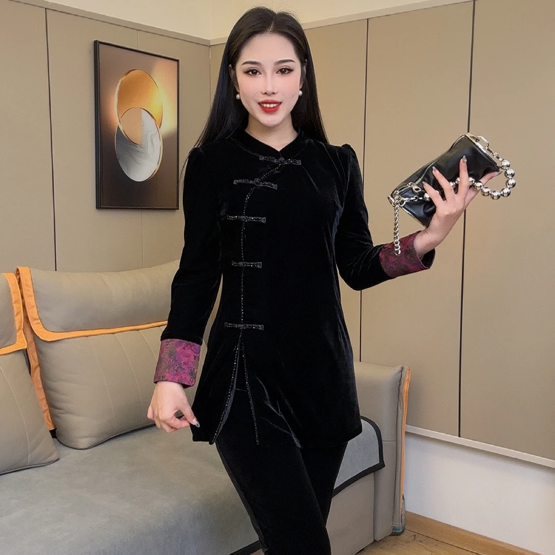 6718新款高品质设计师原创定制醋酸丝绒新中式拼接女上衣时尚休闲